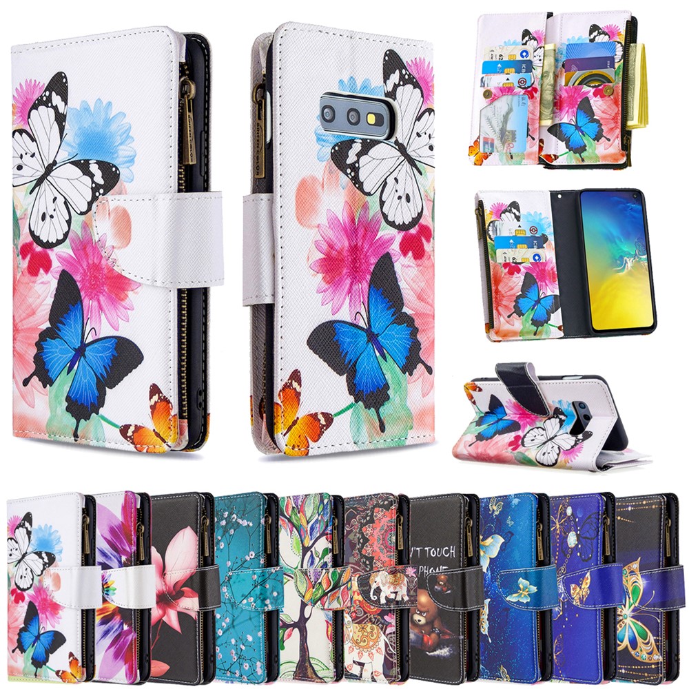 Patterned Zipper Wallet with 9 Card Slots Leather Stylish Cover for Samsung Galaxy S10e - Three Butterflies-9