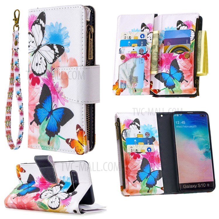 Patterned Zipper Wallet Multiple Card Slots Leather Phone Stand Case for Samsung Galaxy S10 Plus - Butterfly-1