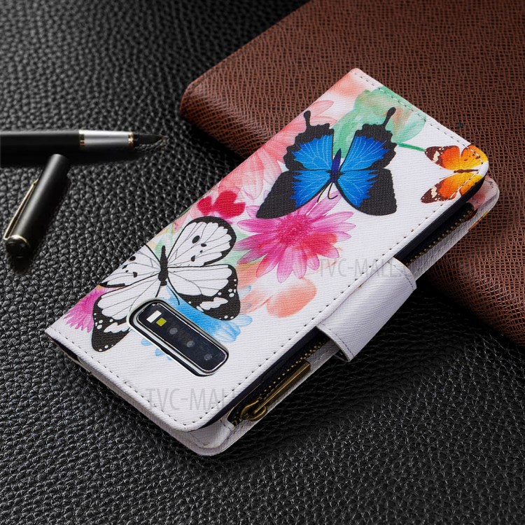 Patterned Zipper Wallet Multiple Card Slots Leather Phone Stand Case for Samsung Galaxy S10 Plus - Butterfly-3