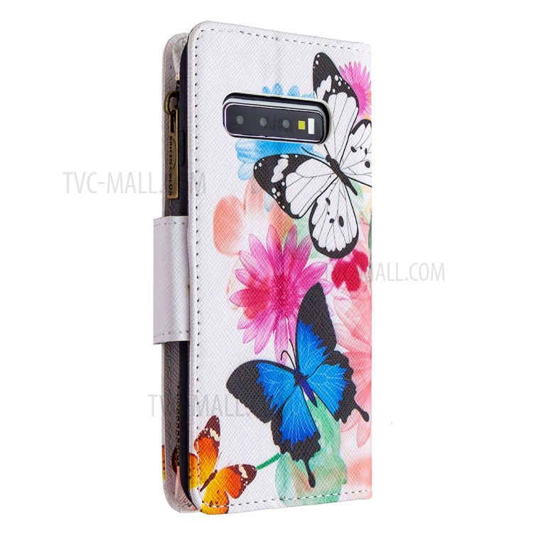 Patterned Zipper Wallet Multiple Card Slots Leather Phone Stand Case for Samsung Galaxy S10 Plus - Butterfly-5