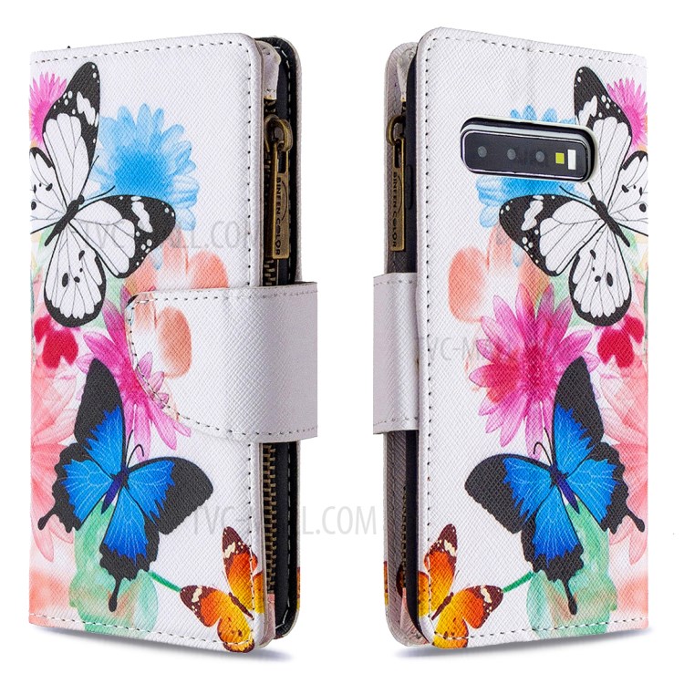 Patterned Zipper Wallet Multiple Card Slots Leather Phone Stand Case for Samsung Galaxy S10 Plus - Butterfly-6