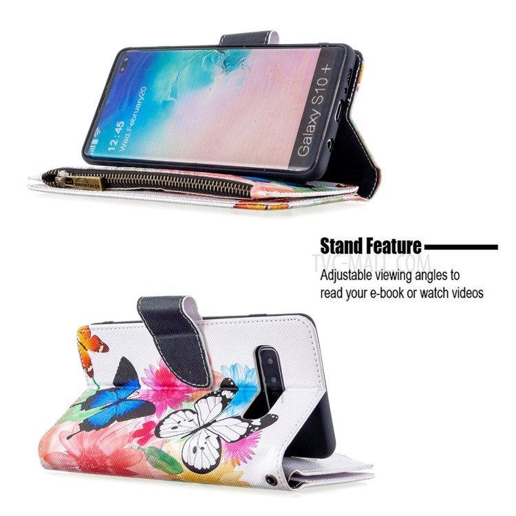 Patterned Zipper Wallet Multiple Card Slots Leather Phone Stand Case for Samsung Galaxy S10 Plus - Butterfly-7