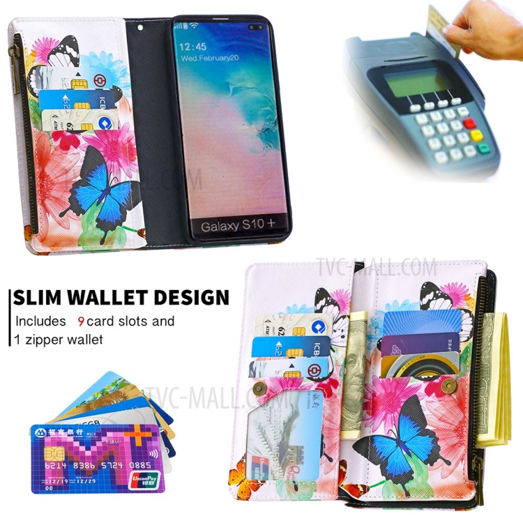 Patterned Zipper Wallet Multiple Card Slots Leather Phone Stand Case for Samsung Galaxy S10 Plus - Butterfly-8