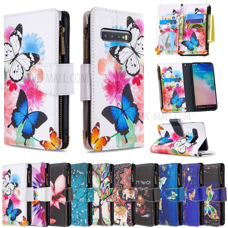 Patterned Zipper Wallet Multiple Card Slots Leather Phone Stand Case for Samsung Galaxy S10 Plus - Butterfly-9