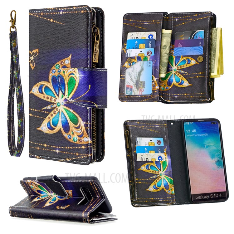 Portefeuille À Fermeture Éclair À Motifs Multiples Emplacements Pour Cartes Téléphone Cuir Support Cas Pour Samsung Galaxy S10, Plus - Papillon D'or-1
