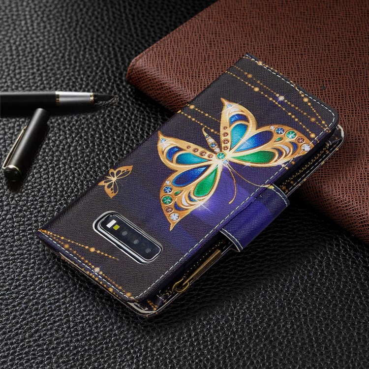Portefeuille À Fermeture Éclair À Motifs Multiples Emplacements Pour Cartes Téléphone Cuir Support Cas Pour Samsung Galaxy S10, Plus - Papillon D'or-3