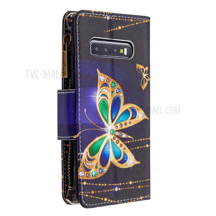 Portefeuille À Fermeture Éclair À Motifs Multiples Emplacements Pour Cartes Téléphone Cuir Support Cas Pour Samsung Galaxy S10, Plus - Papillon D'or-5