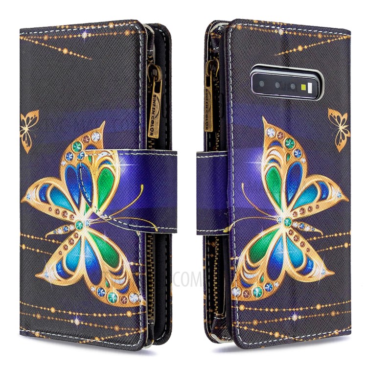 Portefeuille À Fermeture Éclair À Motifs Multiples Emplacements Pour Cartes Téléphone Cuir Support Cas Pour Samsung Galaxy S10, Plus - Papillon D'or-6
