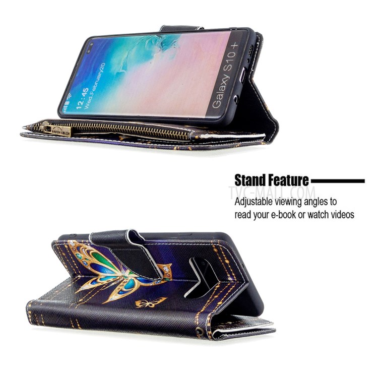 Portefeuille À Fermeture Éclair À Motifs Multiples Emplacements Pour Cartes Téléphone Cuir Support Cas Pour Samsung Galaxy S10, Plus - Papillon D'or-7