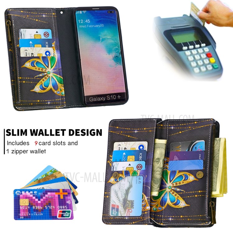 Portefeuille À Fermeture Éclair À Motifs Multiples Emplacements Pour Cartes Téléphone Cuir Support Cas Pour Samsung Galaxy S10, Plus - Papillon D'or-8