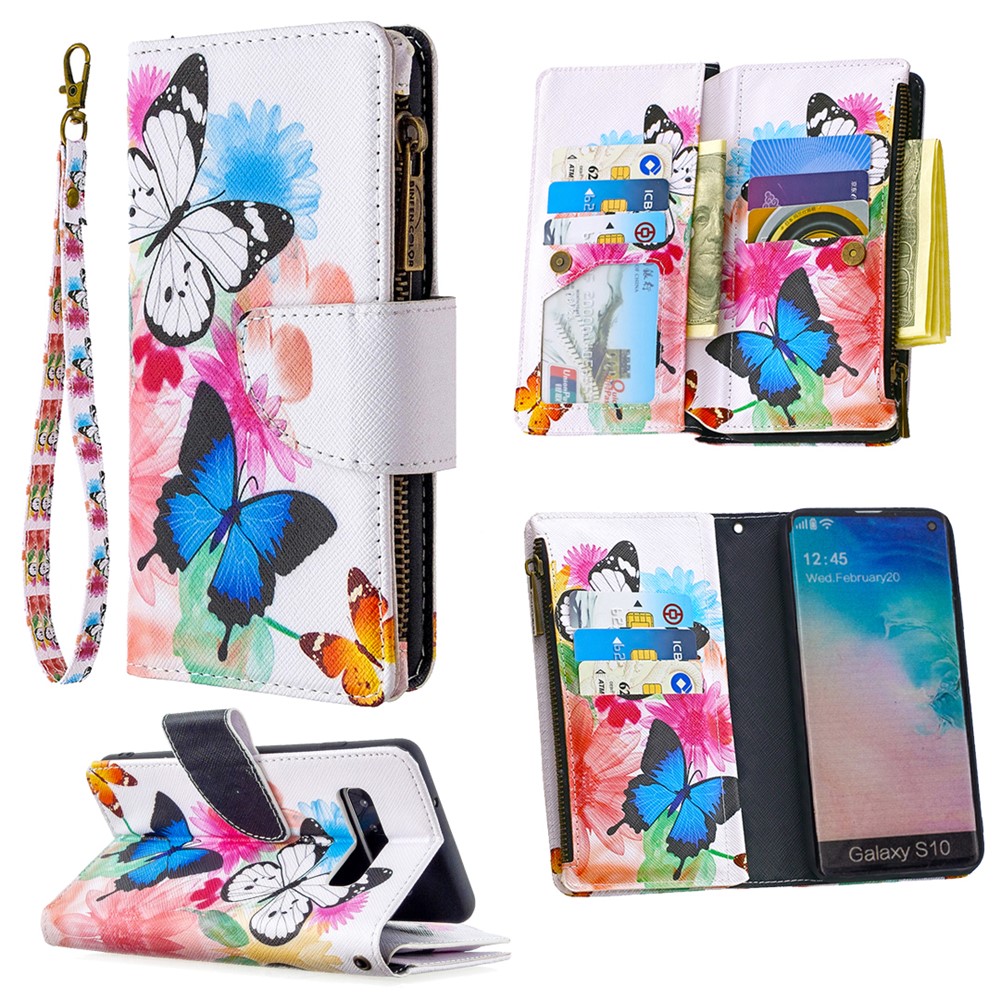 Pattern Printing Zipper Wallet Leather Phone Case for Samsung Galaxy S10 - Butterfly and Flower-1