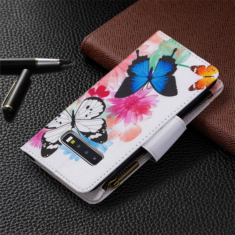 Pattern Printing Zipper Wallet Leather Phone Case for Samsung Galaxy S10 - Butterfly and Flower-3