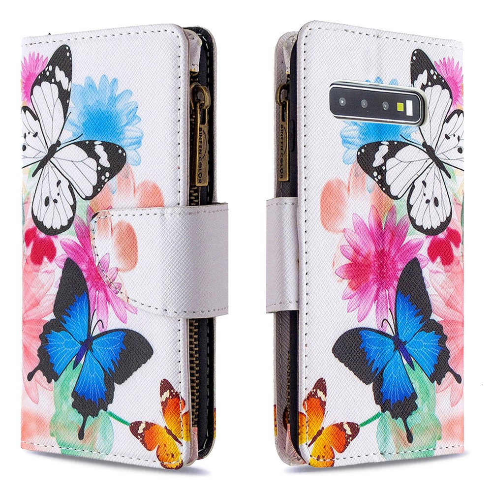 Pattern Printing Zipper Wallet Leather Phone Case for Samsung Galaxy S10 - Butterfly and Flower-6