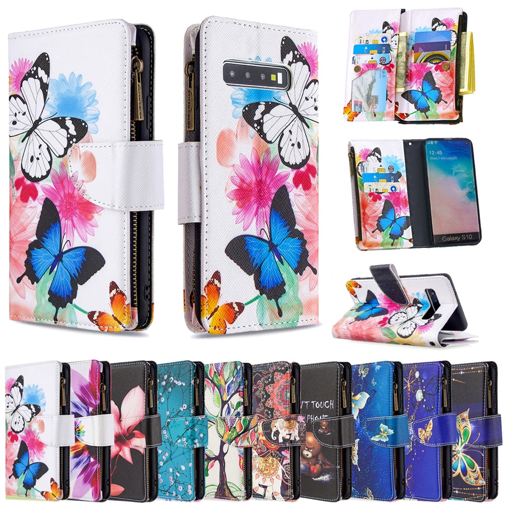 Pattern Printing Zipper Wallet Leather Phone Case for Samsung Galaxy S10 - Butterfly and Flower-9