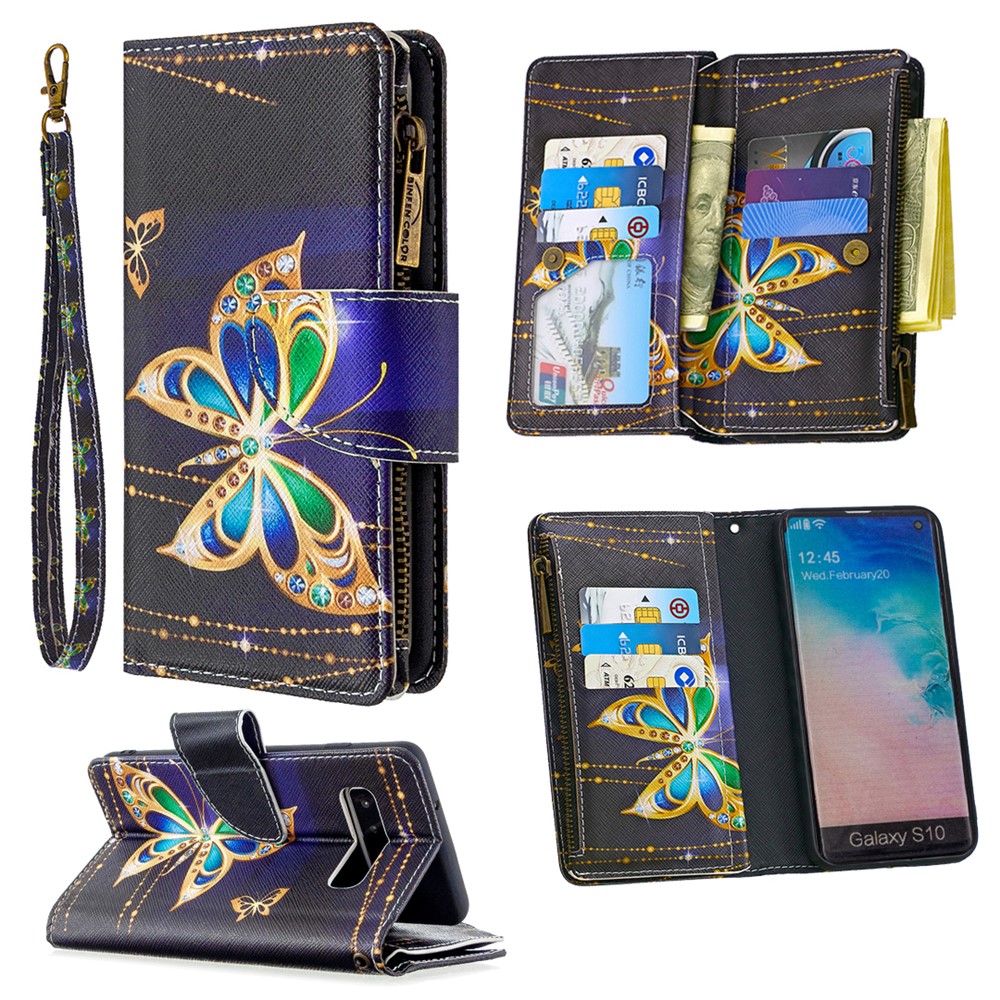 Padrão De Impressão Carteira Caso De Telefone De Couro Com Zíper Para Samsung Galaxy S10 - Linda Borboleta-1