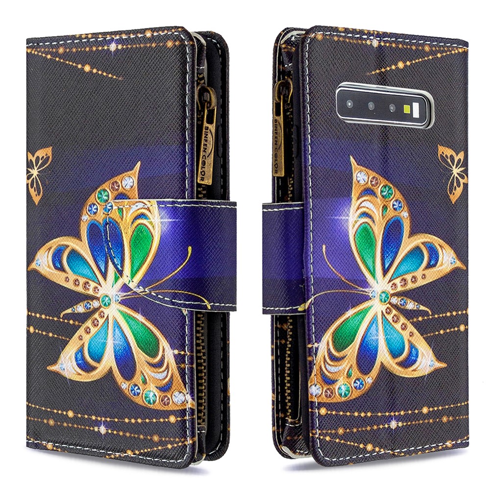 Padrão De Impressão Carteira Caso De Telefone De Couro Com Zíper Para Samsung Galaxy S10 - Linda Borboleta-6
