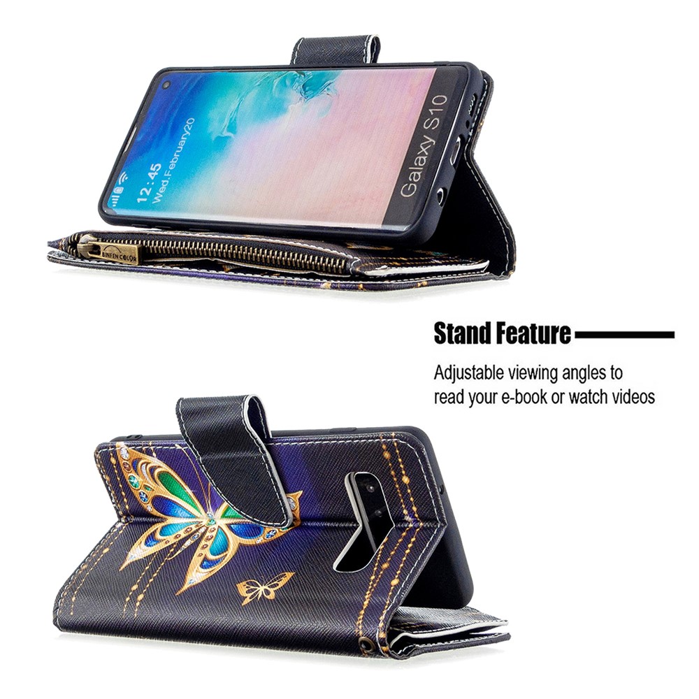 Padrão De Impressão Carteira Caso De Telefone De Couro Com Zíper Para Samsung Galaxy S10 - Linda Borboleta-7