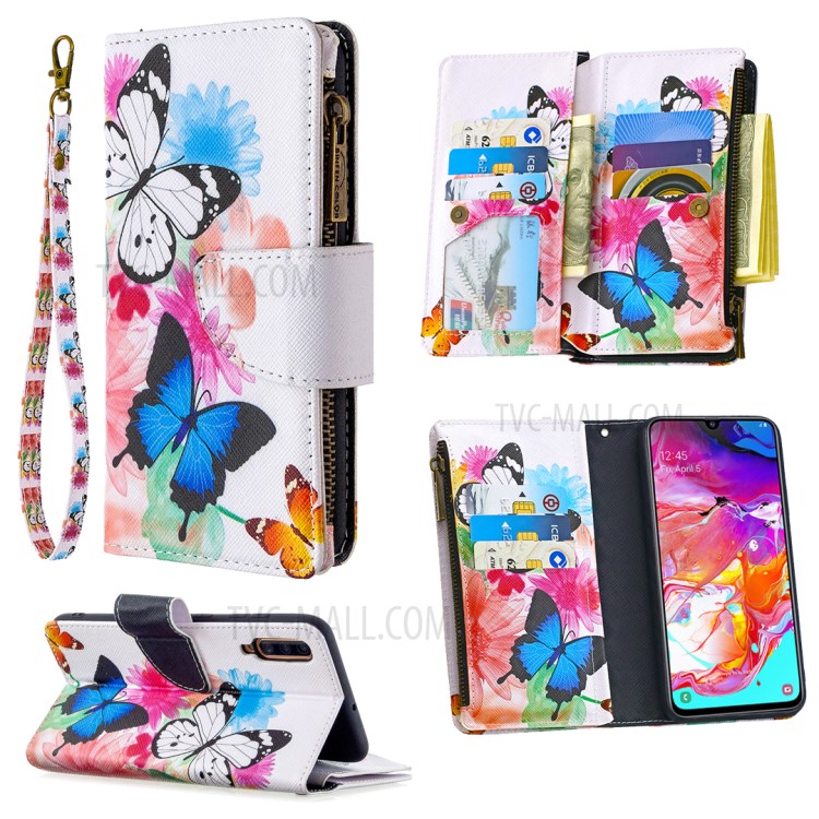 Patterned Zipper Wallet Leather Phone Case with Strap for Samsung Galaxy A70 - Three Butterflies-1