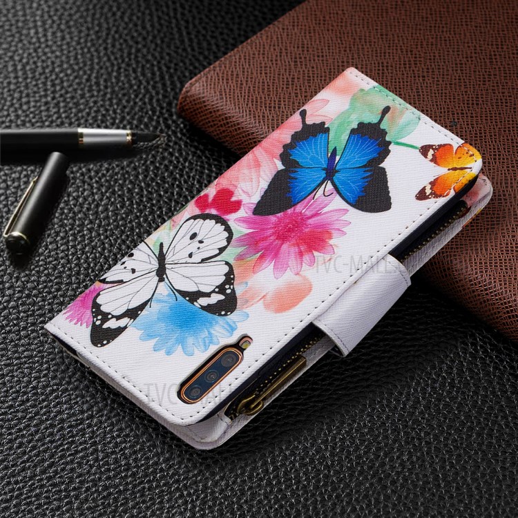 Patterned Zipper Wallet Leather Phone Case with Strap for Samsung Galaxy A70 - Three Butterflies-3