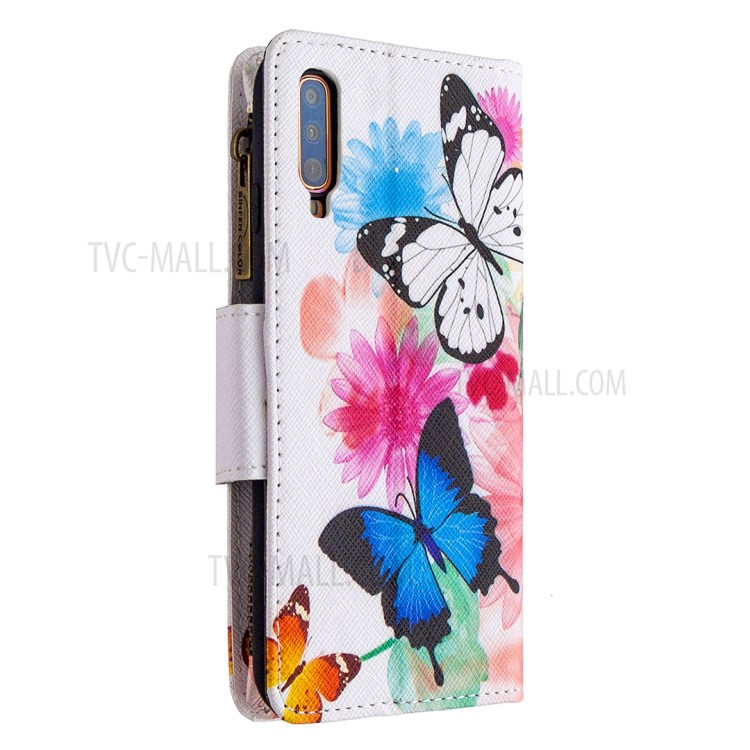 Patterned Zipper Wallet Leather Phone Case with Strap for Samsung Galaxy A70 - Three Butterflies-5