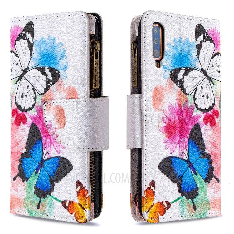 Patterned Zipper Wallet Leather Phone Case with Strap for Samsung Galaxy A70 - Three Butterflies-6