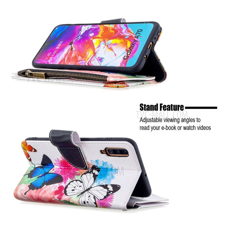 Patterned Zipper Wallet Leather Phone Case with Strap for Samsung Galaxy A70 - Three Butterflies-7