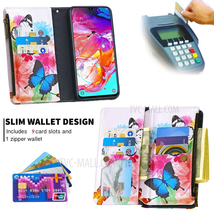 Patterned Zipper Wallet Leather Phone Case with Strap for Samsung Galaxy A70 - Three Butterflies-8