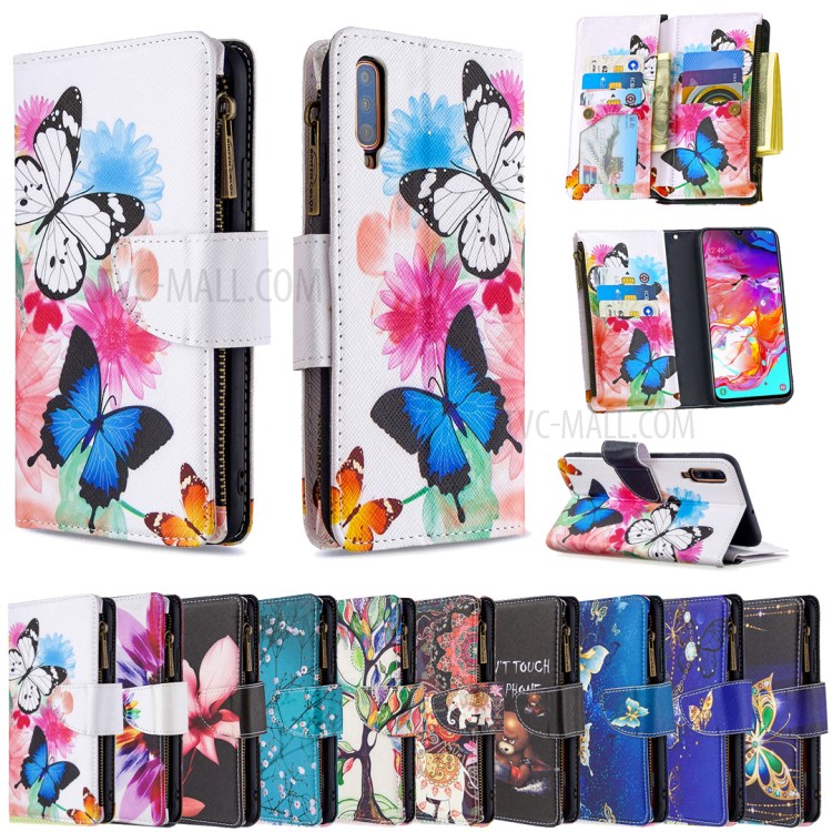 Patterned Zipper Wallet Leather Phone Case with Strap for Samsung Galaxy A70 - Three Butterflies-9