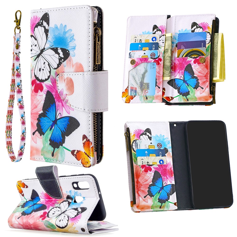 Patterned Zipper Wallet with 9 Card Slots Leather Phone Case for Samsung Galaxy A40 - Three Butterflies-1