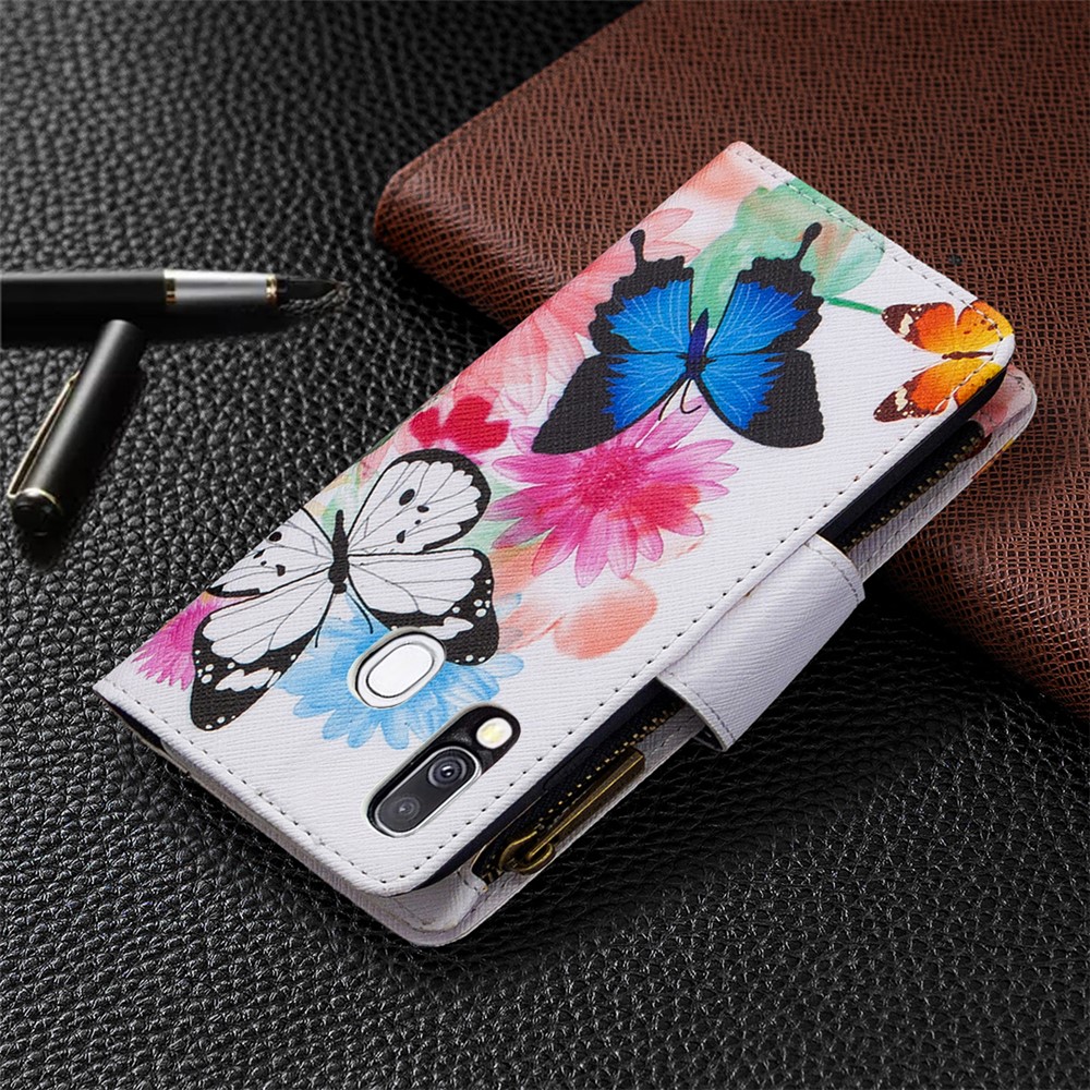 Patterned Zipper Wallet with 9 Card Slots Leather Phone Case for Samsung Galaxy A40 - Three Butterflies-3