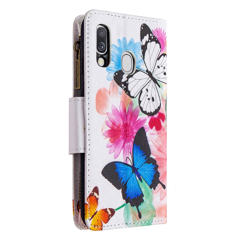 Patterned Zipper Wallet with 9 Card Slots Leather Phone Case for Samsung Galaxy A40 - Three Butterflies-5