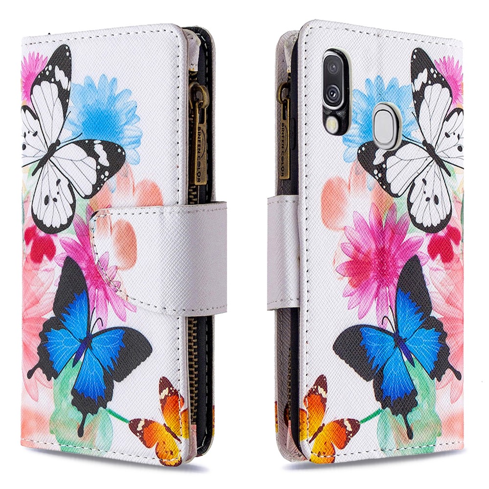 Patterned Zipper Wallet with 9 Card Slots Leather Phone Case for Samsung Galaxy A40 - Three Butterflies-6