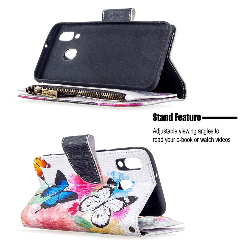 Patterned Zipper Wallet with 9 Card Slots Leather Phone Case for Samsung Galaxy A40 - Three Butterflies-7