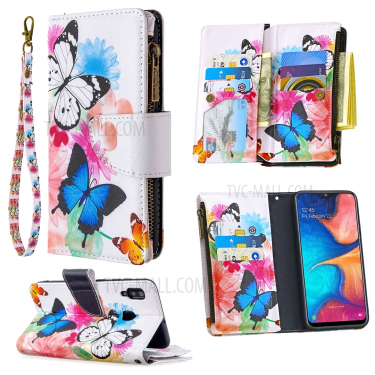 Patterned Zipper Leather Wallet Phone Case with Strap for Samsung Galaxy A20/A30 - Three Butterflies-1