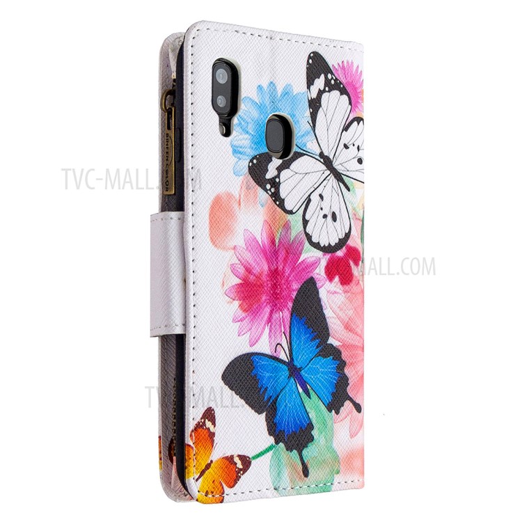 Patterned Zipper Leather Wallet Phone Case with Strap for Samsung Galaxy A20/A30 - Three Butterflies-5