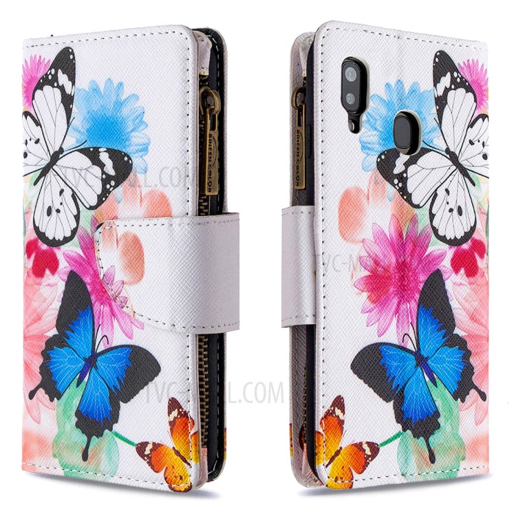 Patterned Zipper Leather Wallet Phone Case with Strap for Samsung Galaxy A20/A30 - Three Butterflies-6