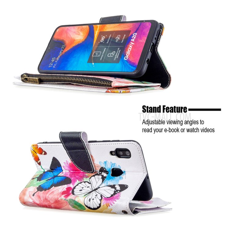 Patterned Zipper Leather Wallet Phone Case with Strap for Samsung Galaxy A20/A30 - Three Butterflies-7