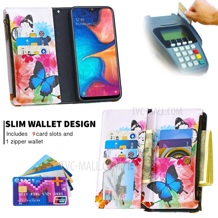 Patterned Zipper Leather Wallet Phone Case with Strap for Samsung Galaxy A20/A30 - Three Butterflies-8
