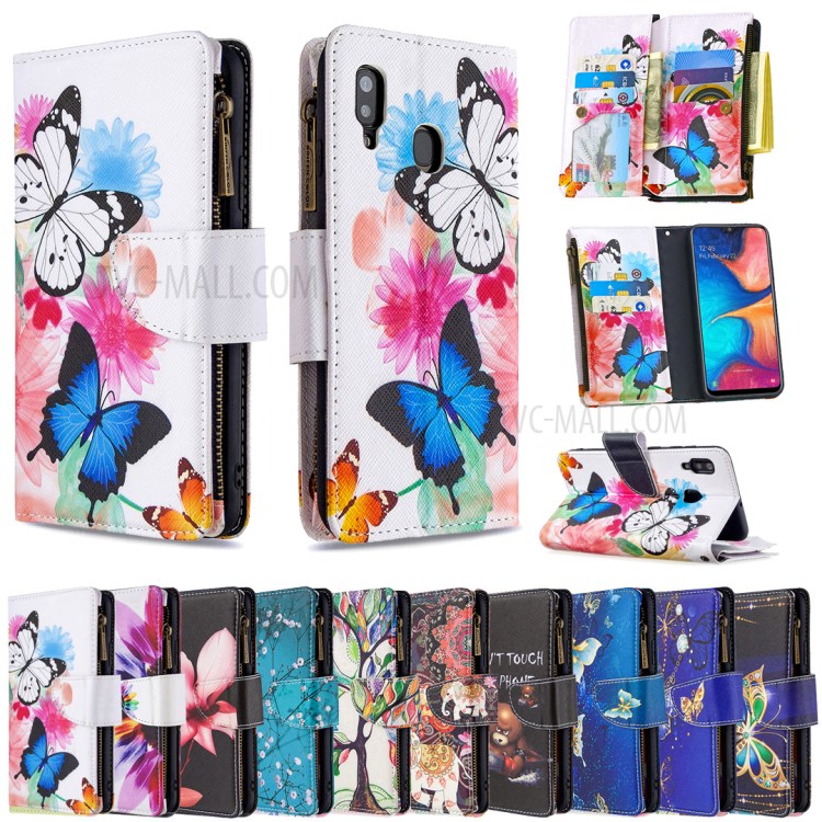 Patterned Zipper Leather Wallet Phone Case with Strap for Samsung Galaxy A20/A30 - Three Butterflies-9
