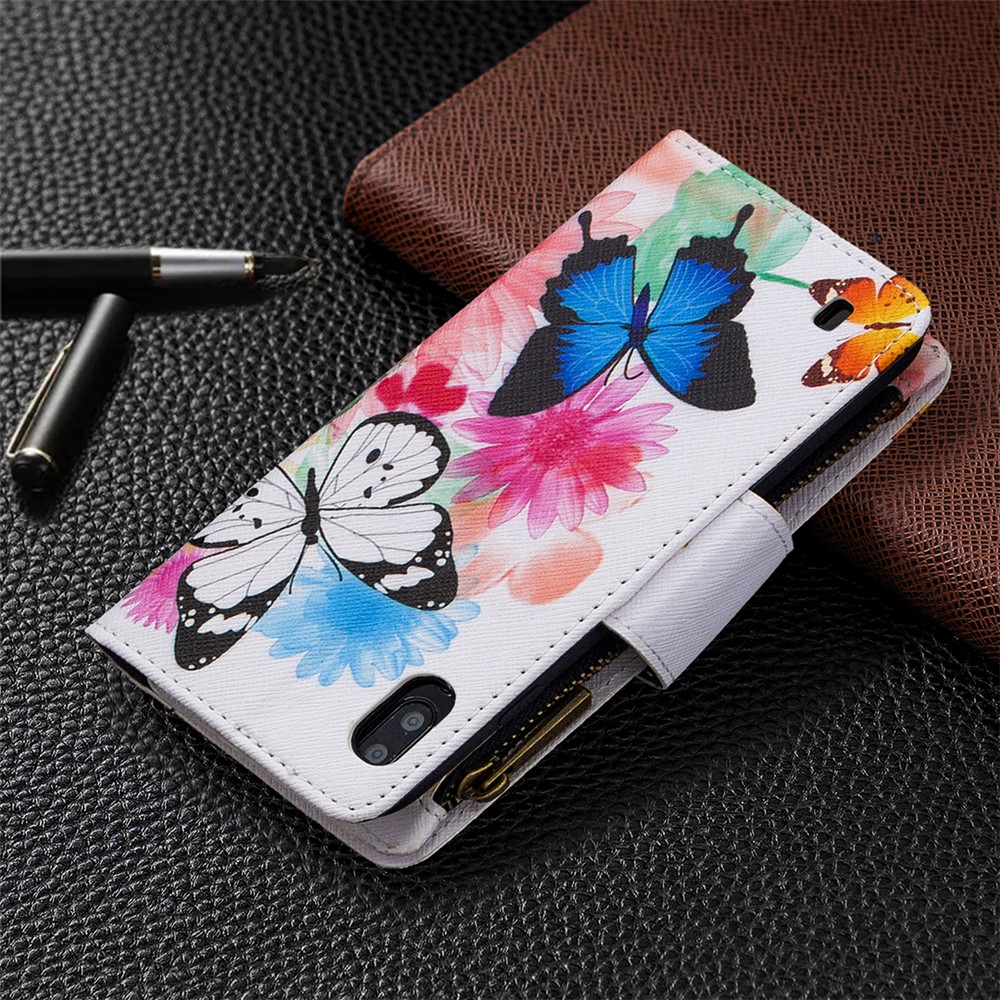 Patterned 9 Card Slots Zipper Wallet Leather Phone Case for Samsung Galaxy A10/M10 - Three Butterflies-3