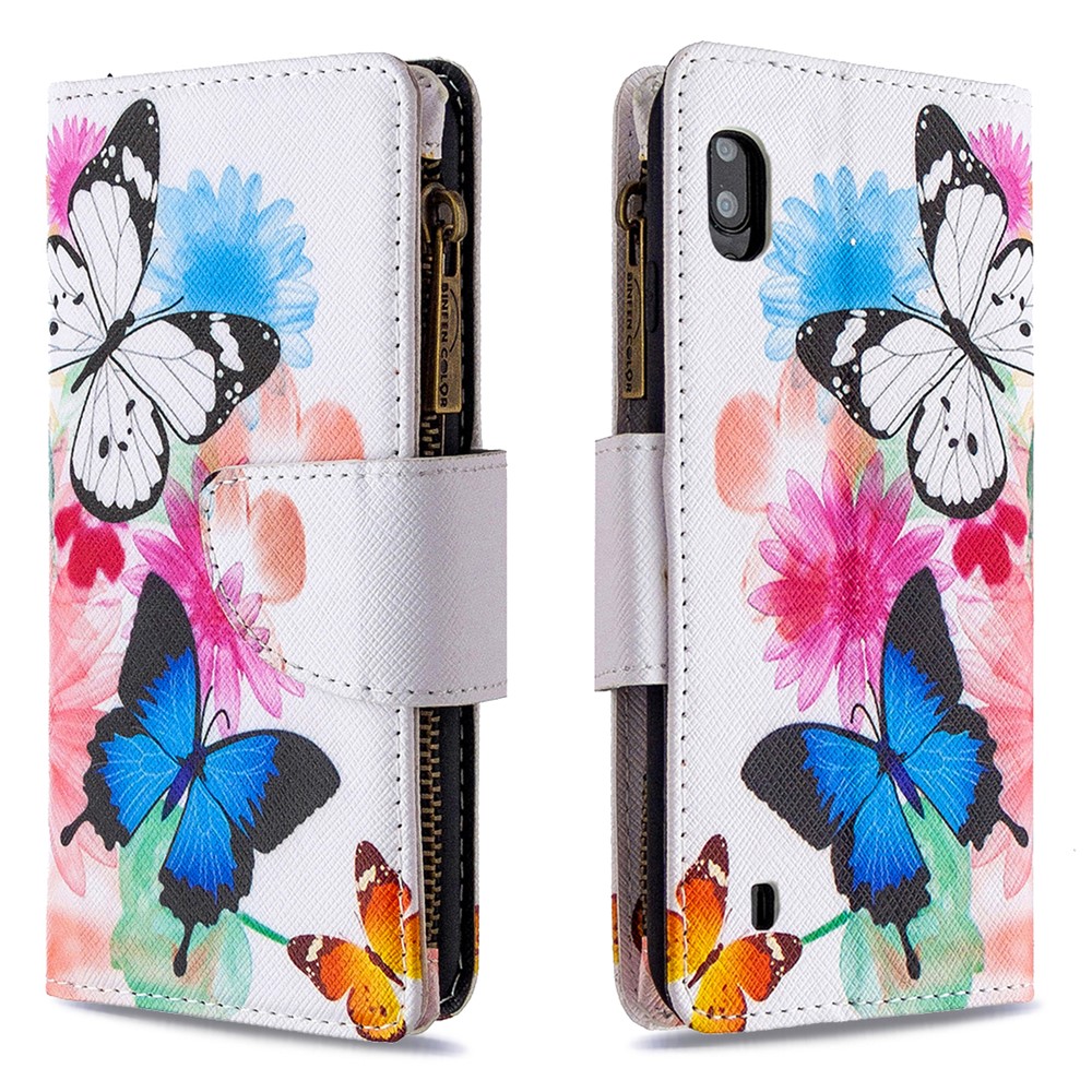 Patterned 9 Card Slots Zipper Wallet Leather Phone Case for Samsung Galaxy A10/M10 - Three Butterflies-6