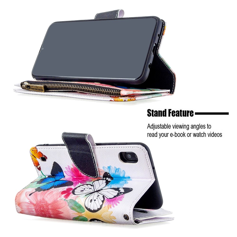 Patterned 9 Card Slots Zipper Wallet Leather Phone Case for Samsung Galaxy A10/M10 - Three Butterflies-7