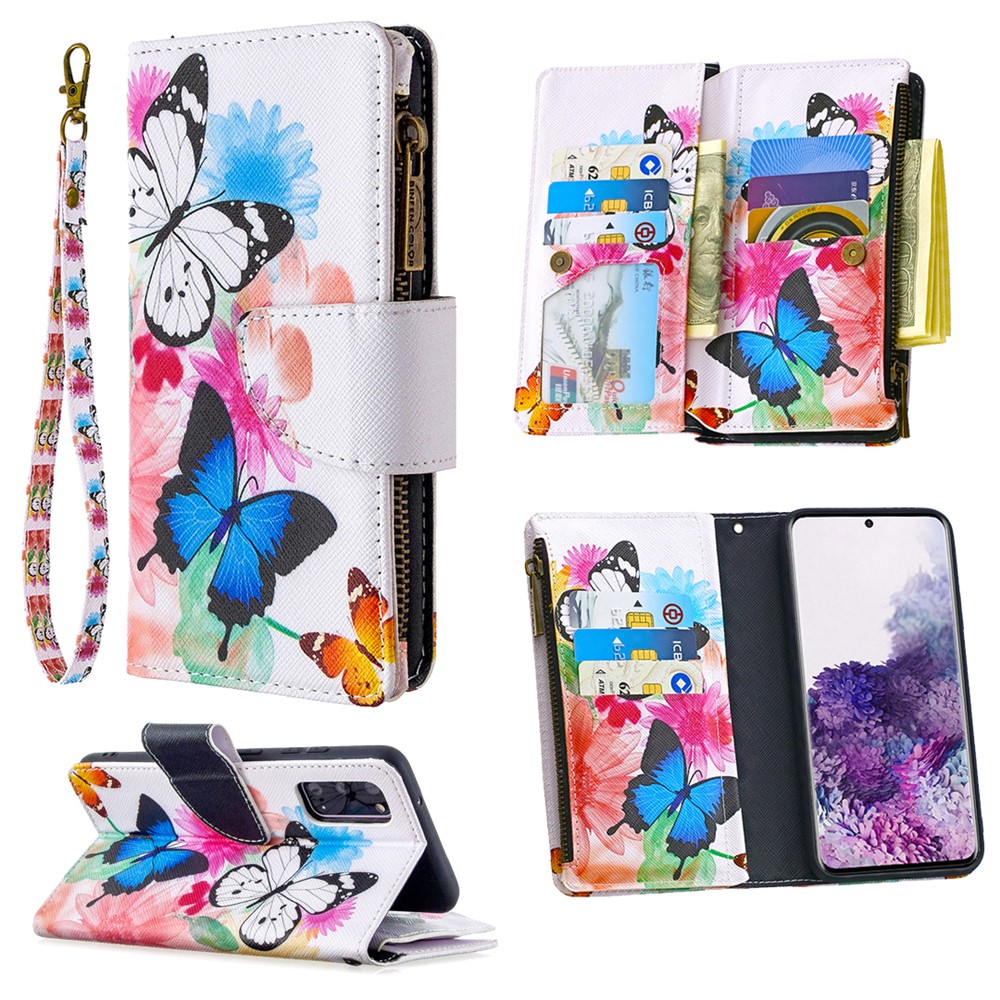 Patterned Zipper Wallet with 9 Card Slots Leather Phone Case Cover for Samsung Galaxy S20 - Three Butterflies-1