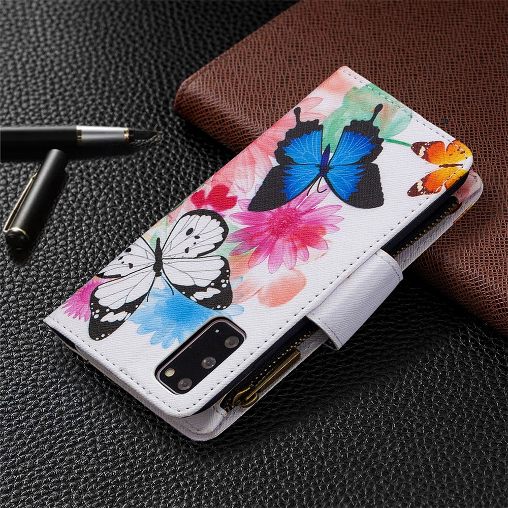 Patterned Zipper Wallet with 9 Card Slots Leather Phone Case Cover for Samsung Galaxy S20 - Three Butterflies-3