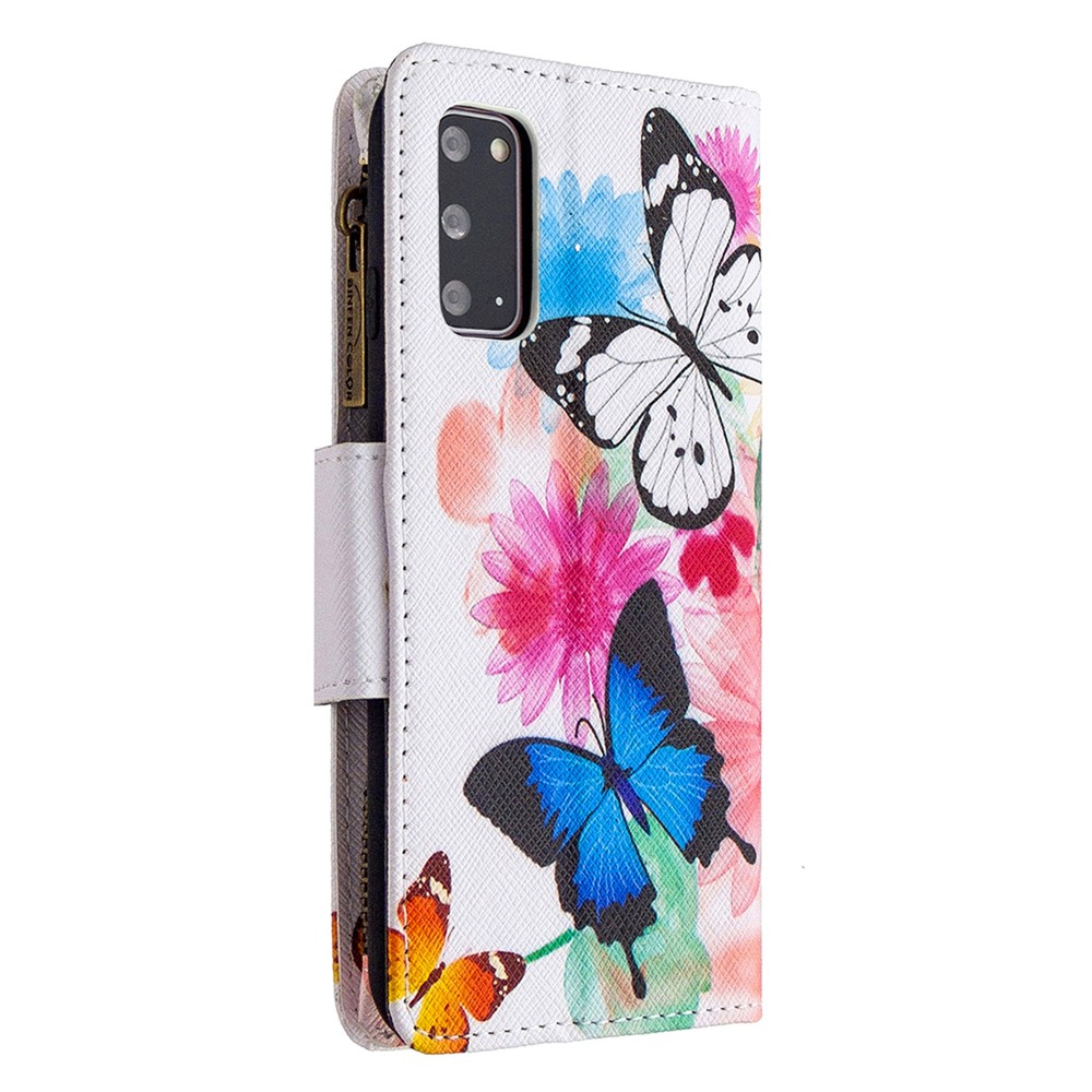 Patterned Zipper Wallet with 9 Card Slots Leather Phone Case Cover for Samsung Galaxy S20 - Three Butterflies-5
