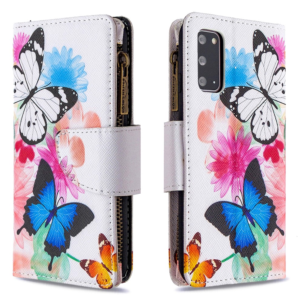 Patterned Zipper Wallet with 9 Card Slots Leather Phone Case Cover for Samsung Galaxy S20 - Three Butterflies-6