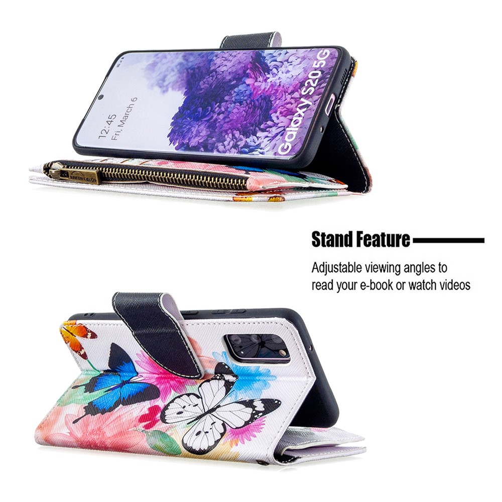 Patterned Zipper Wallet with 9 Card Slots Leather Phone Case Cover for Samsung Galaxy S20 - Three Butterflies-7