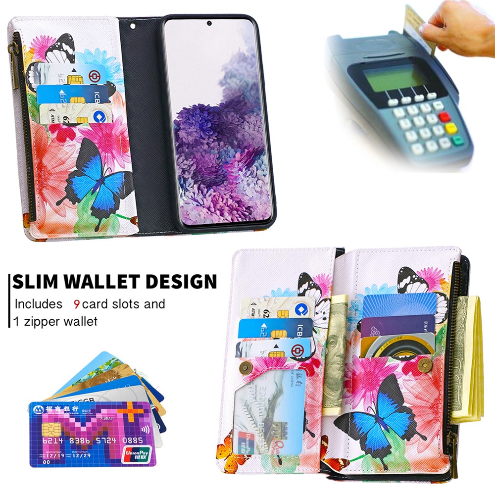 Patterned Zipper Wallet with 9 Card Slots Leather Phone Case Cover for Samsung Galaxy S20 - Three Butterflies-8
