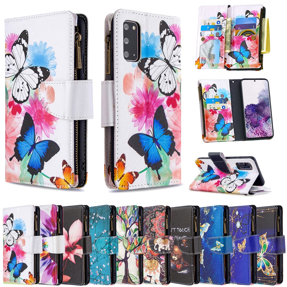 Patterned Zipper Wallet with 9 Card Slots Leather Phone Case Cover for Samsung Galaxy S20 - Three Butterflies-9