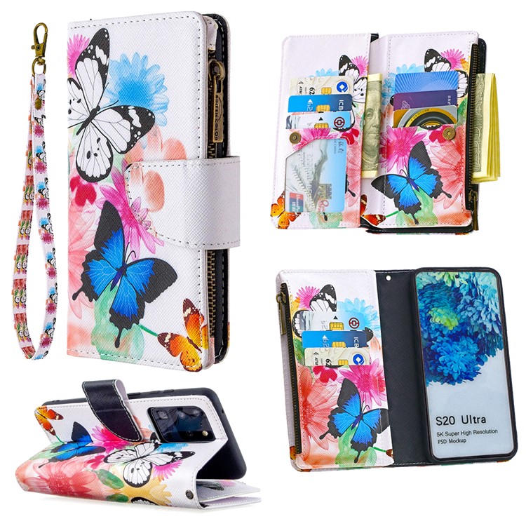 Pattern Zipper Pocket 9 Card Slots Leather Wallet Phone Case for Samsung Galaxy S20 Ultra - Three Butterflies-1